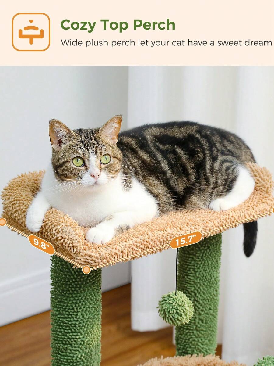 Green 33-inch cactus cat tree featuring a plush top perch, deep hammock, sisal scratching post, and large cat condo for indoor cats.