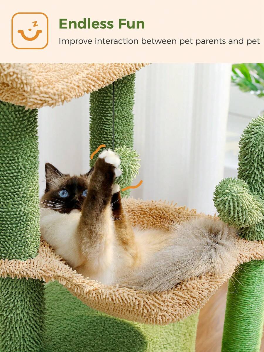 Green 33-inch cactus cat tree featuring a plush top perch, deep hammock, sisal scratching post, and large cat condo for indoor cats.