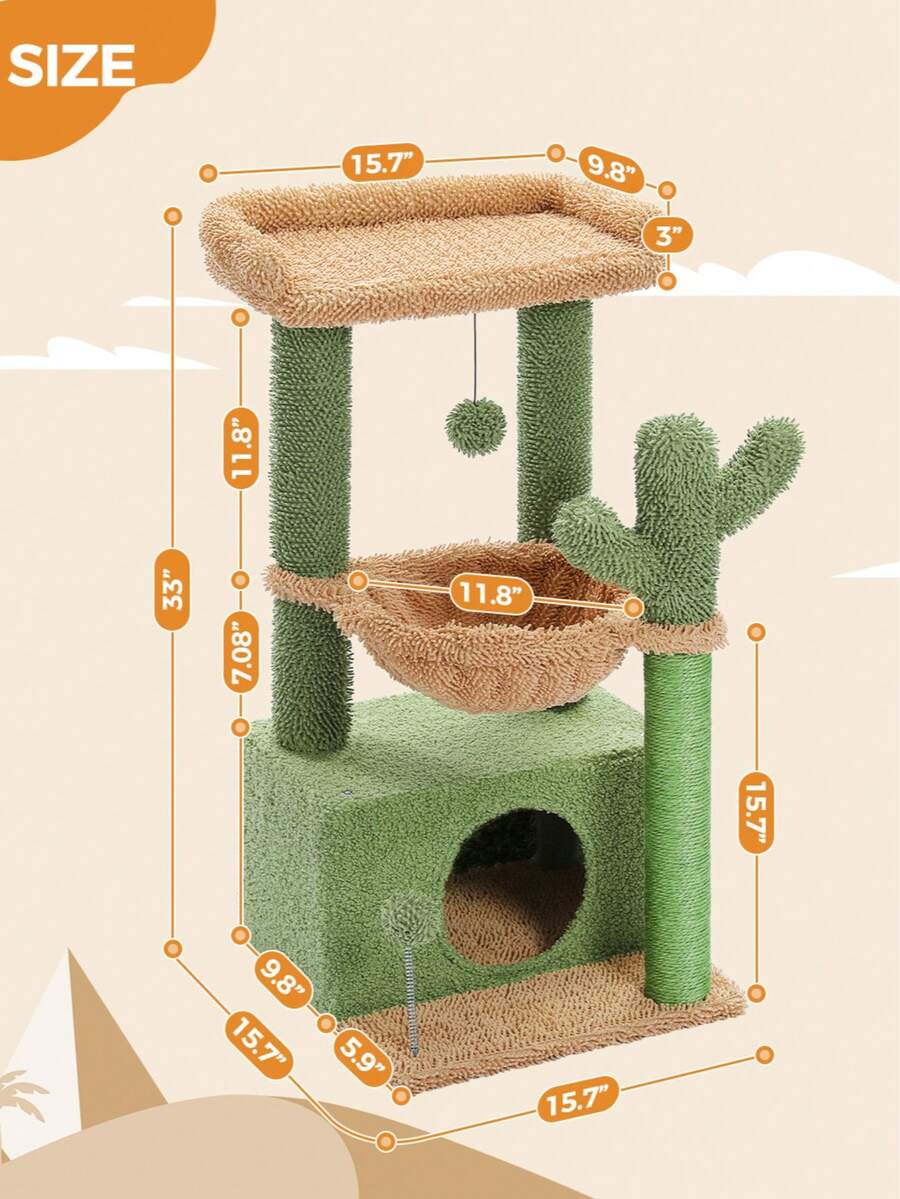 Green 33-inch cactus cat tree featuring a plush top perch, deep hammock, sisal scratching post, and large cat condo for indoor cats.