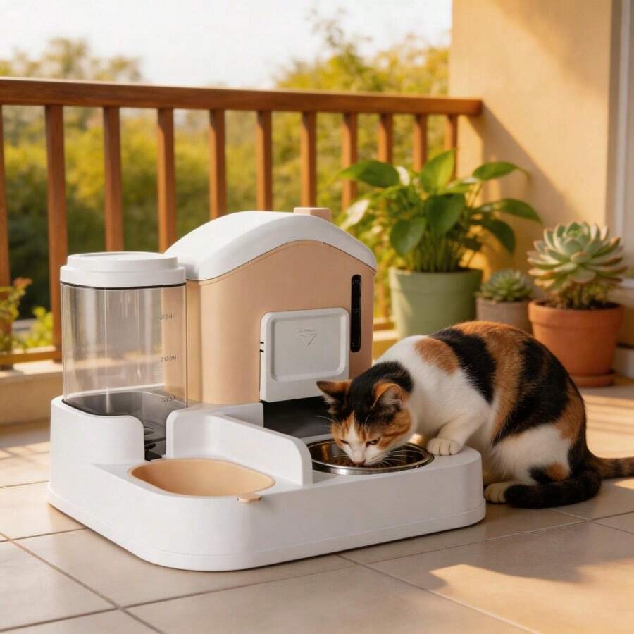 A 2-in-1 cat food and water dispenser made of PP plastic with a cartoon pattern and dry-wet separation design for cats and dogs.