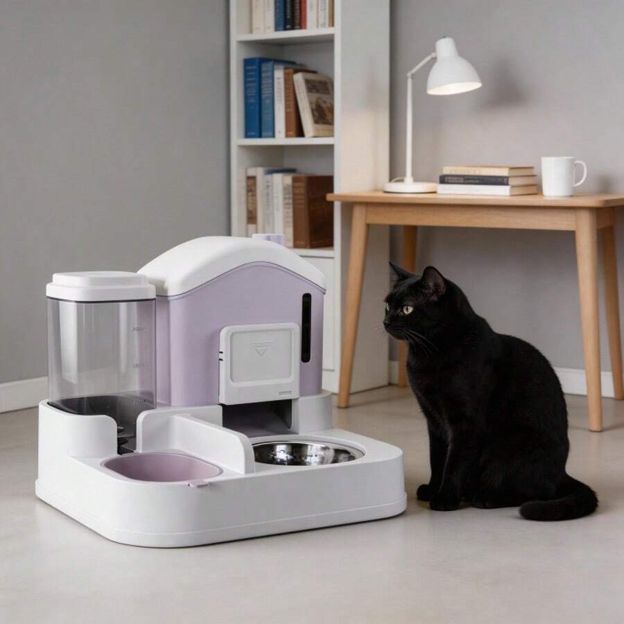 A 2-in-1 cat food and water dispenser made of PP plastic with a cartoon pattern and dry-wet separation design for cats and dogs.