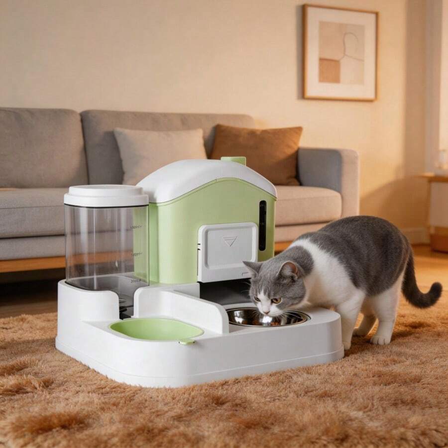 A 2-in-1 cat food and water dispenser made of PP plastic with a cartoon pattern and dry-wet separation design for cats and dogs.