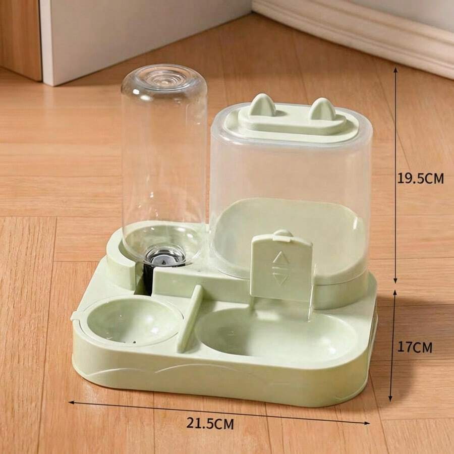 A 2-in-1 cat food and water dispenser made of PP plastic with a cartoon pattern and dry-wet separation design for cats and dogs.