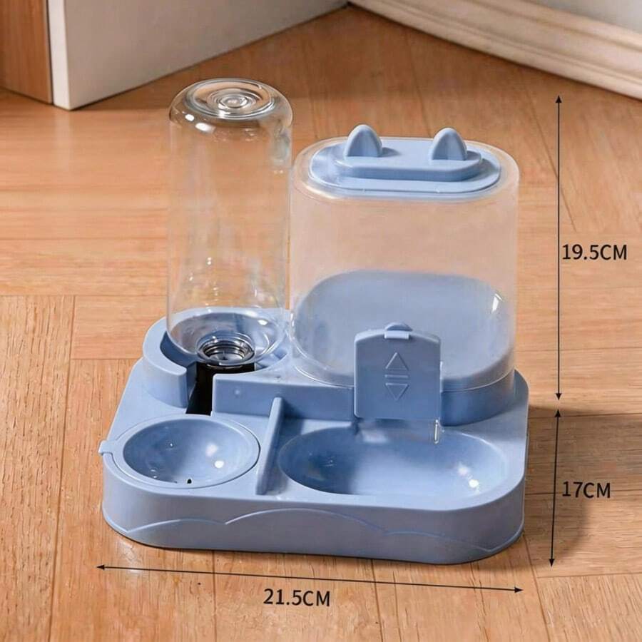 A 2-in-1 cat food and water dispenser made of PP plastic with a cartoon pattern and dry-wet separation design for cats and dogs.