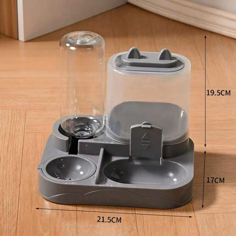 A 2-in-1 cat food and water dispenser made of PP plastic with a cartoon pattern and dry-wet separation design for cats and dogs.