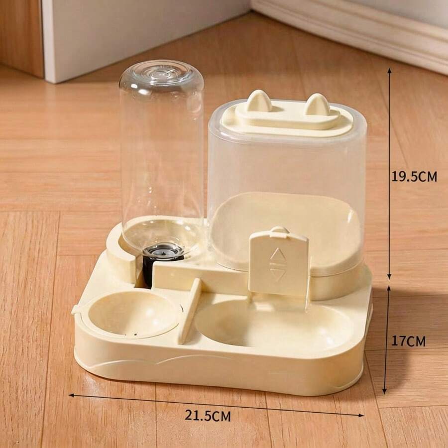 A 2-in-1 cat food and water dispenser made of PP plastic with a cartoon pattern and dry-wet separation design for cats and dogs.
