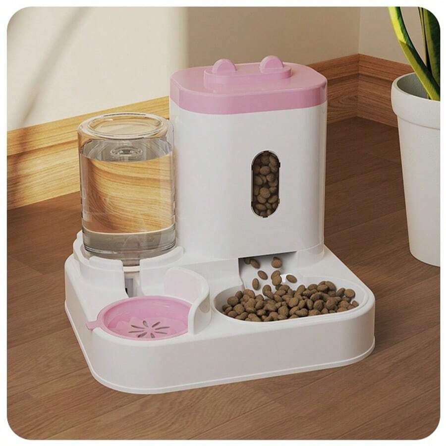 A 2-in-1 cat food and water dispenser made of PP plastic with a cartoon pattern and dry-wet separation design for cats and dogs.