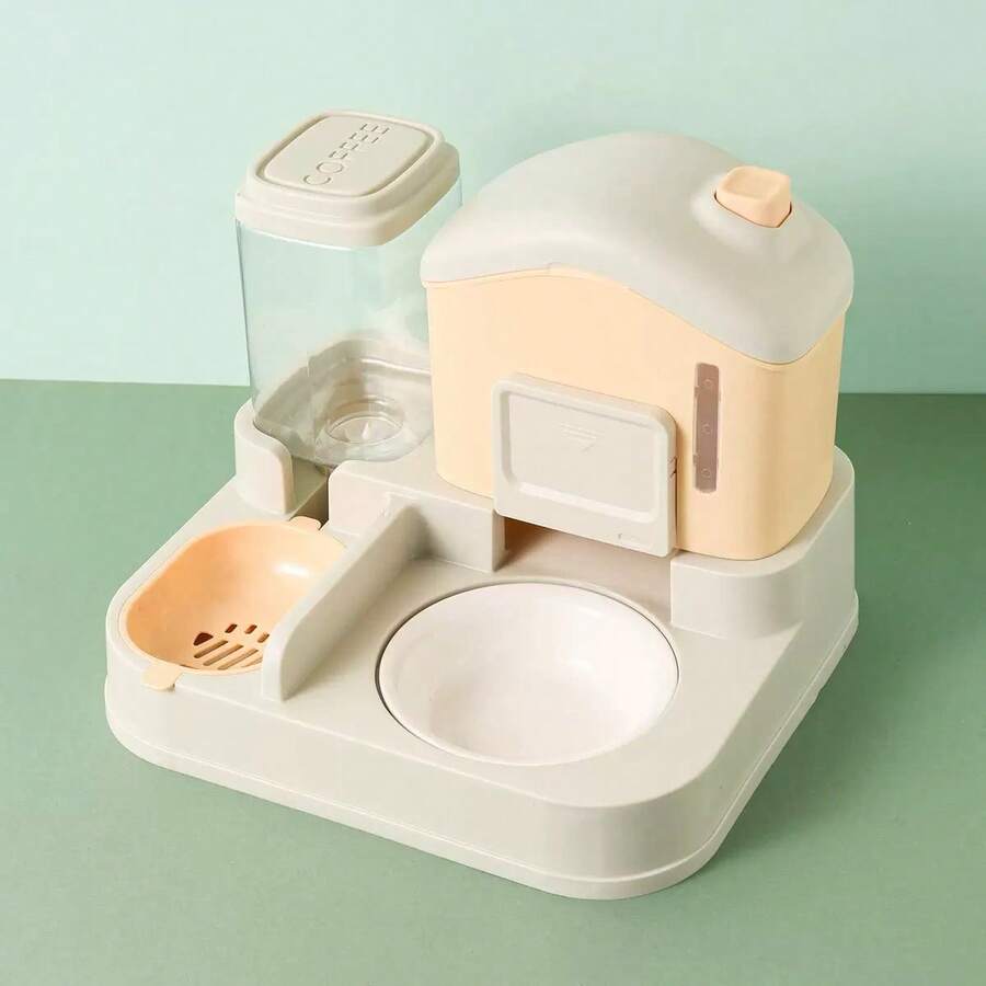 A 2-in-1 cat food and water dispenser made of PP plastic with a cartoon pattern and dry-wet separation design for cats and dogs.