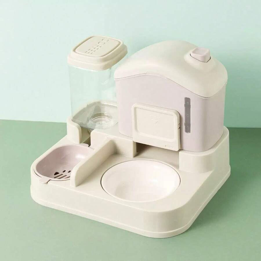 A 2-in-1 cat food and water dispenser made of PP plastic with a cartoon pattern and dry-wet separation design for cats and dogs.