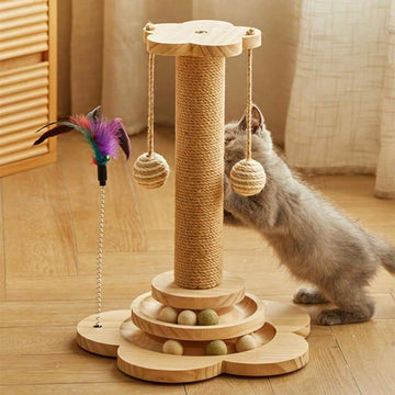 Multicolor 4-in-1 wooden cat scratching post activity center featuring horizontal ball tracks, an interactive feather toy, and sisal suspension balls.
