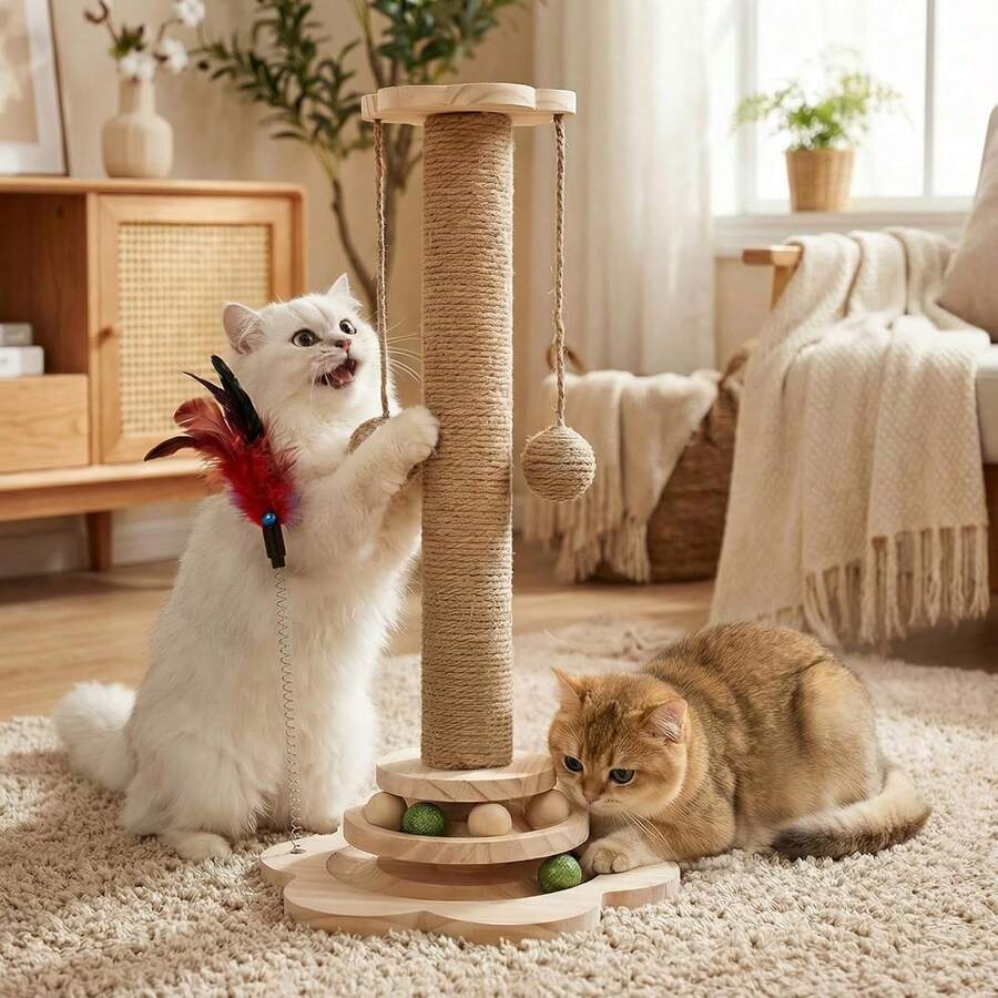 Multicolor 4-in-1 wooden cat scratching post activity center featuring horizontal ball tracks, an interactive feather toy, and sisal suspension balls.