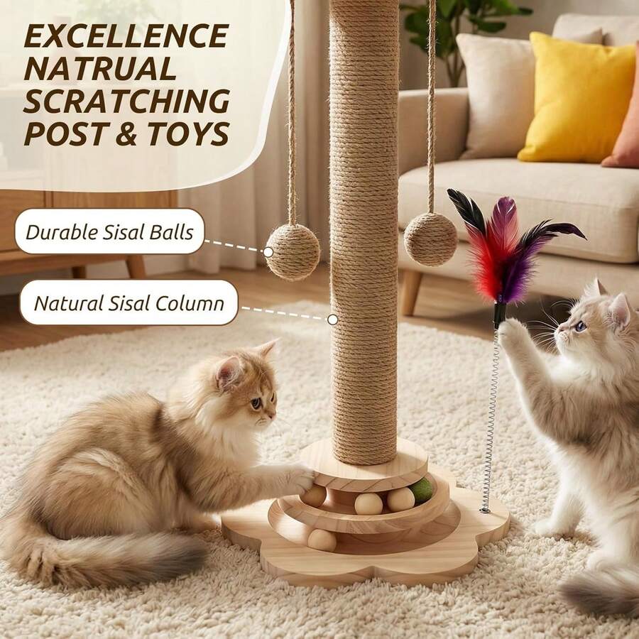 Multicolor 4-in-1 wooden cat scratching post activity center featuring horizontal ball tracks, an interactive feather toy, and sisal suspension balls.