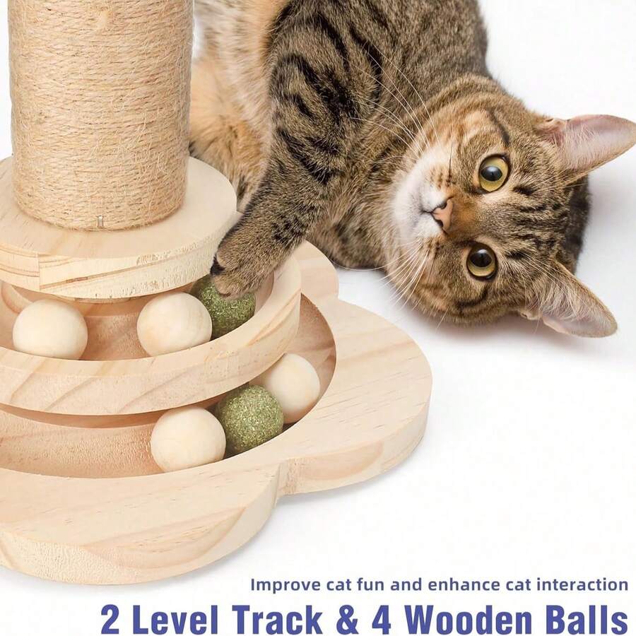 Multicolor 4-in-1 wooden cat scratching post activity center featuring horizontal ball tracks, an interactive feather toy, and sisal suspension balls.