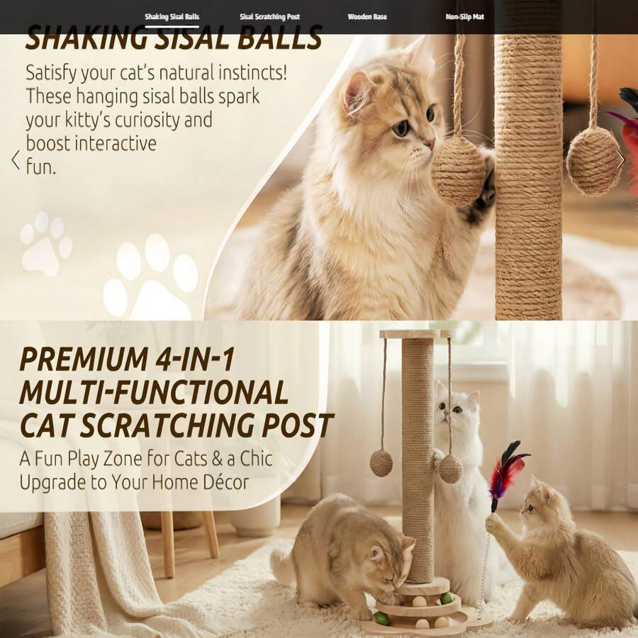 Multicolor 4-in-1 wooden cat scratching post activity center featuring horizontal ball tracks, an interactive feather toy, and sisal suspension balls.