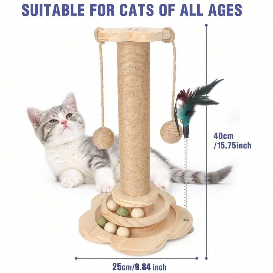 Multicolor 4-in-1 wooden cat scratching post activity center featuring horizontal ball tracks, an interactive feather toy, and sisal suspension balls.