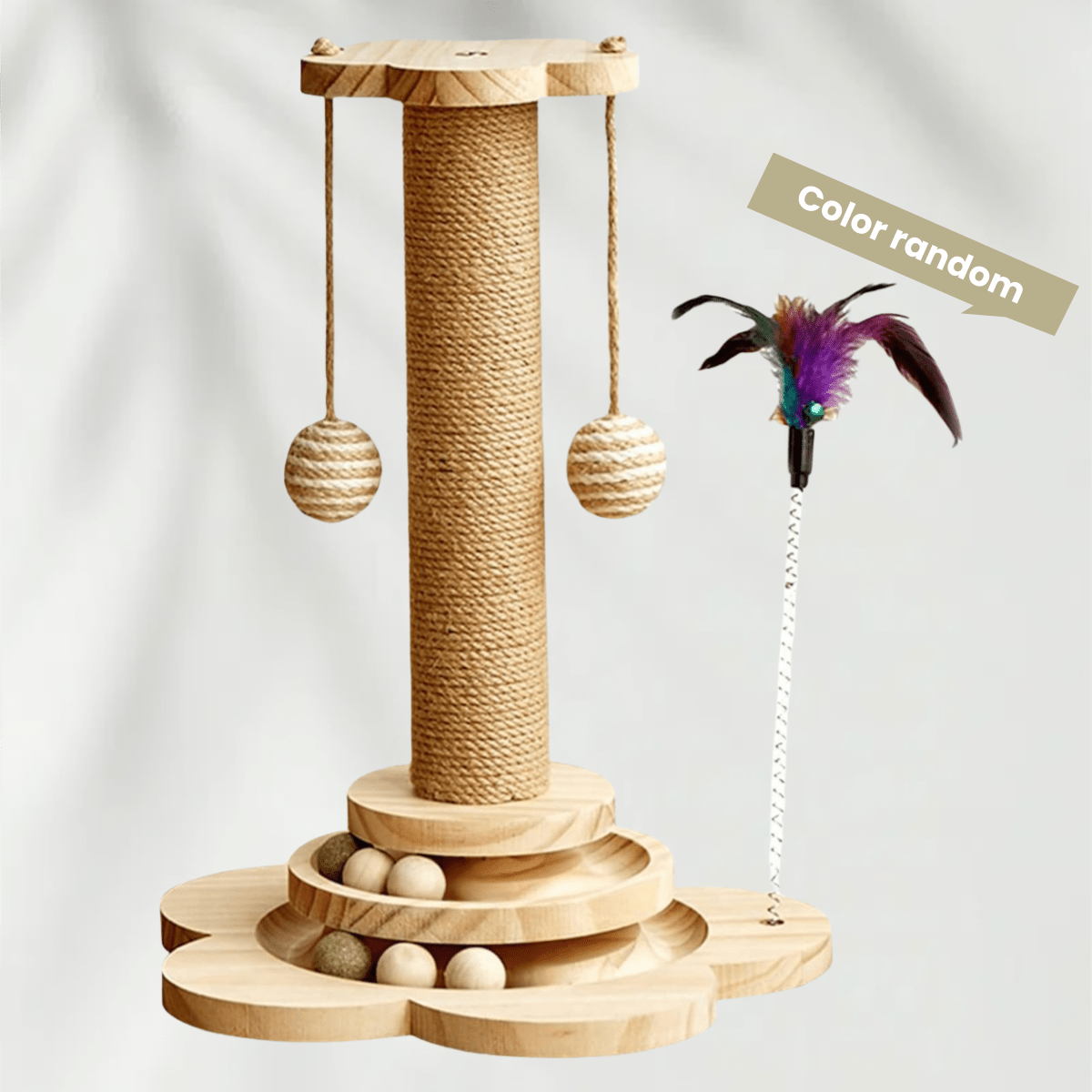 Multicolor 4-in-1 wooden cat scratching post activity center featuring horizontal ball tracks, an interactive feather toy, and sisal suspension balls.