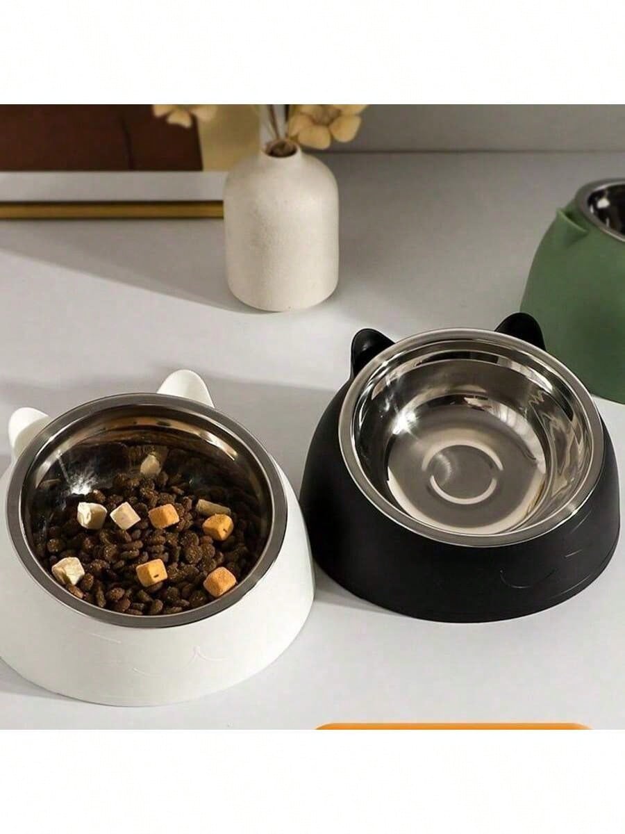 15° Detachable & Washable Cute Cat Design Stainless Steel Pet Cat Bowl With Tilted Neck Protection. Anti-Vomiting 15 Degree Inclined Cat Basin, Stable Base, Not Easy To Overturn, Pet Drinking Or Feeding Station, Cat Supplies, Cat Food Bowl, Cat Bowl Set