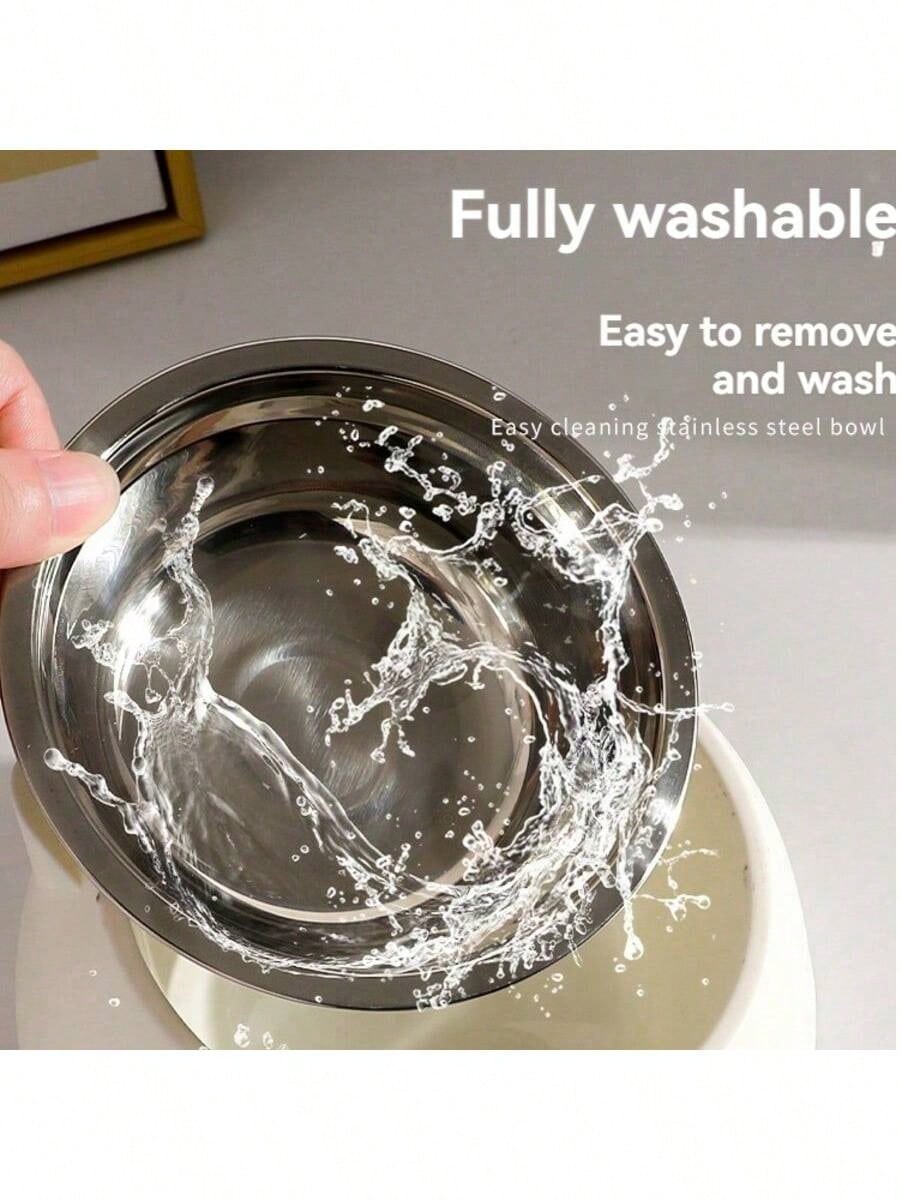 15° Detachable & Washable Cute Cat Design Stainless Steel Pet Cat Bowl With Tilted Neck Protection. Anti-Vomiting 15 Degree Inclined Cat Basin, Stable Base, Not Easy To Overturn, Pet Drinking Or Feeding Station, Cat Supplies, Cat Food Bowl, Cat Bowl Set