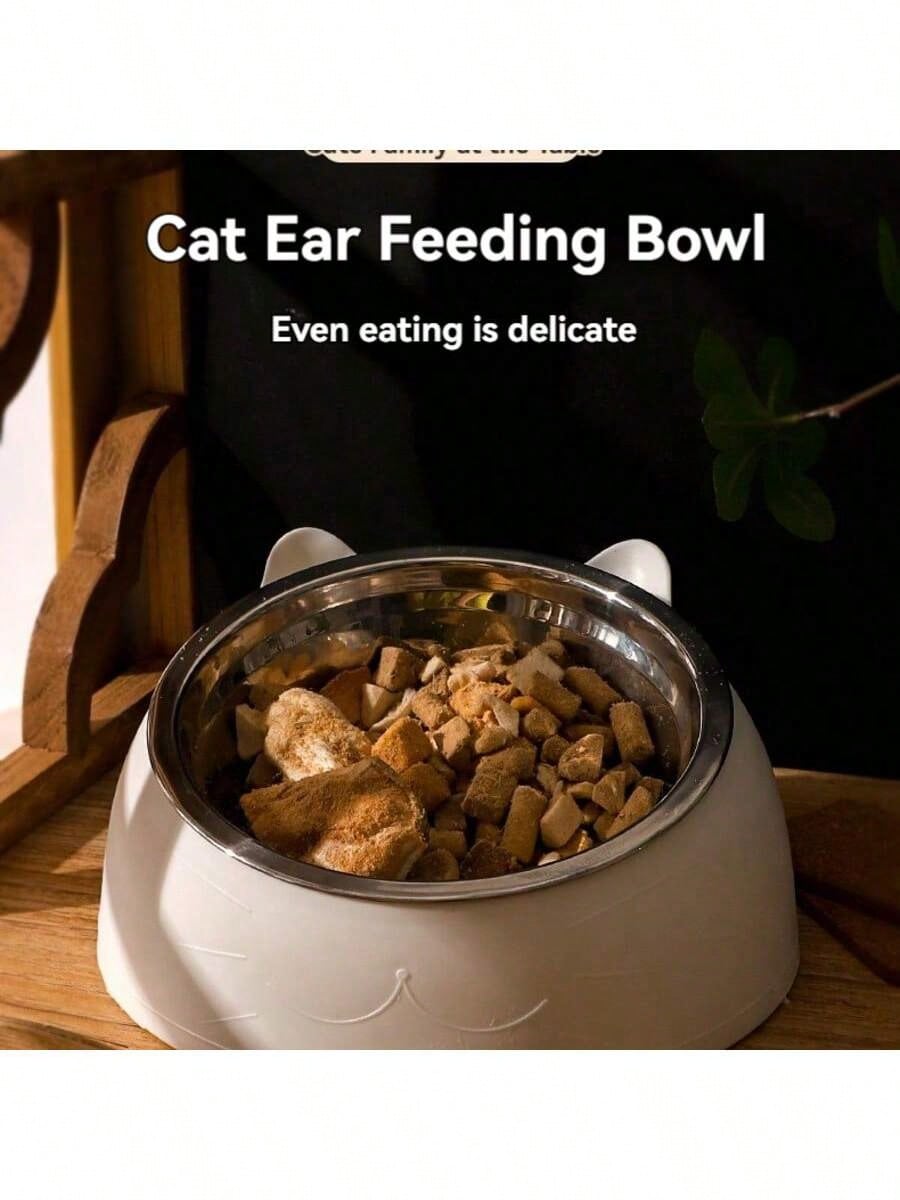 15° Detachable & Washable Cute Cat Design Stainless Steel Pet Cat Bowl With Tilted Neck Protection. Anti-Vomiting 15 Degree Inclined Cat Basin, Stable Base, Not Easy To Overturn, Pet Drinking Or Feeding Station, Cat Supplies, Cat Food Bowl, Cat Bowl Set
