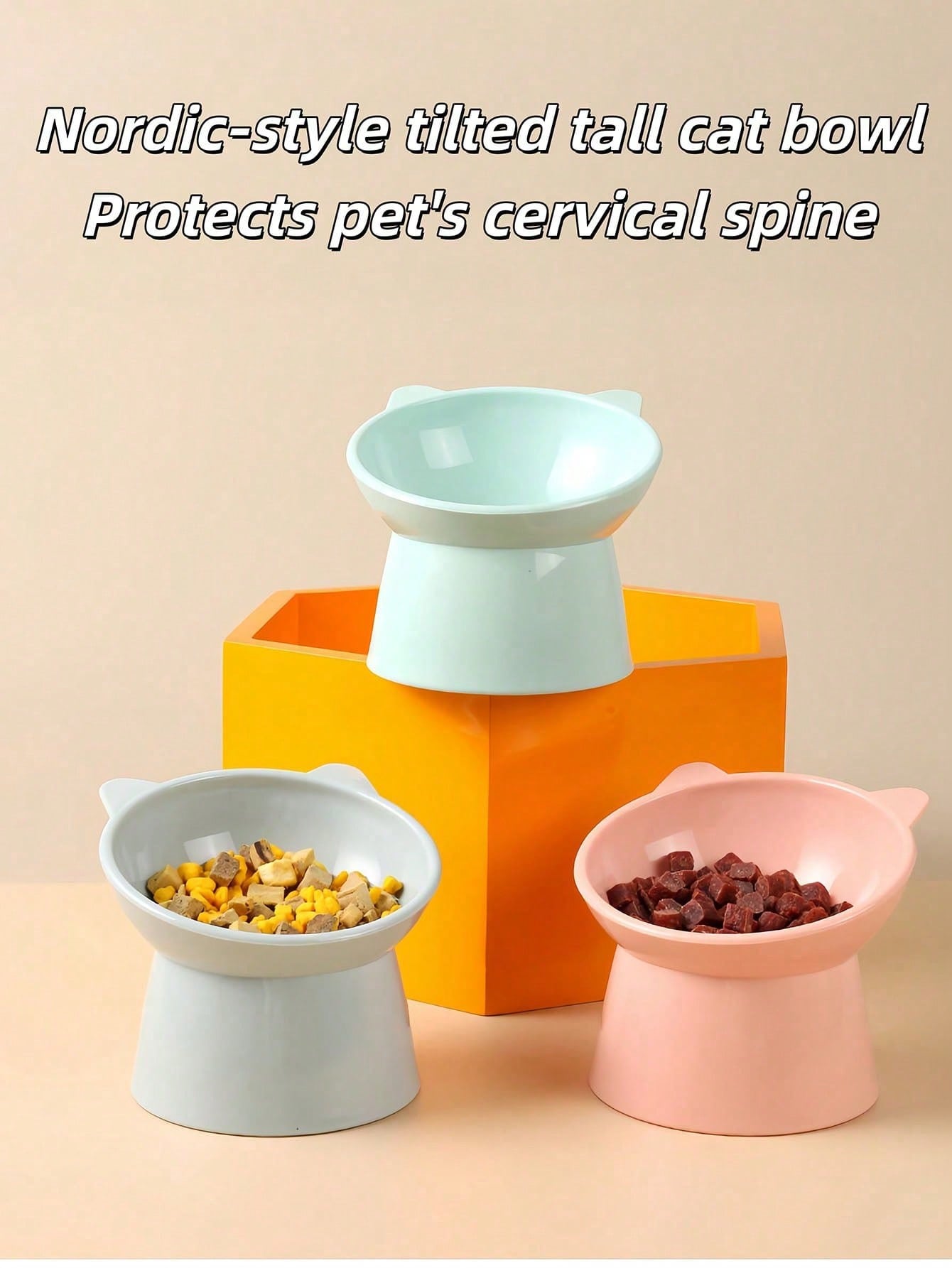 Multicolor ABS 15 degree slanted anti-vomiting pet bowl with stable base and cartoon pattern for indoor cats and dogs.