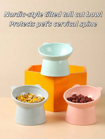 Multicolor ABS 15 degree slanted anti-vomiting pet bowl with stable base and cartoon pattern for indoor cats and dogs.
