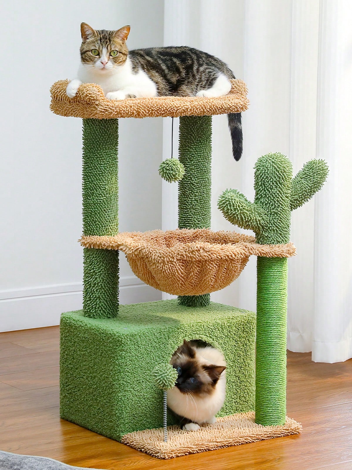 Green 33-inch cactus cat tree featuring a plush top perch, deep hammock, sisal scratching post, and large cat condo for indoor cats.