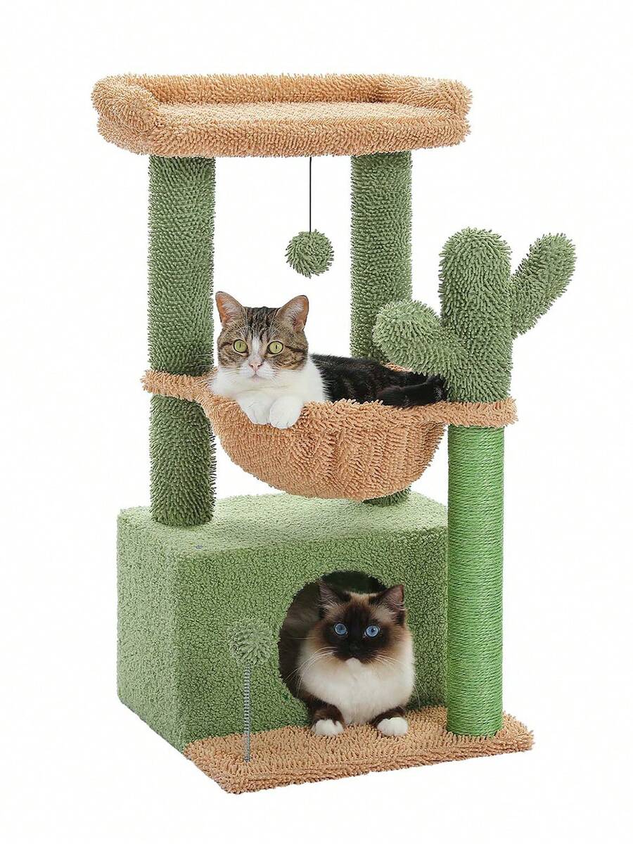 Green 33-inch cactus cat tree featuring a plush top perch, deep hammock, sisal scratching post, and large cat condo for indoor cats.