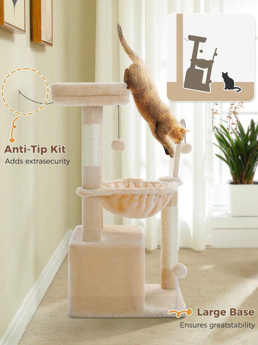Green 33-inch cactus cat tree featuring a plush top perch, deep hammock, sisal scratching post, and large cat condo for indoor cats.