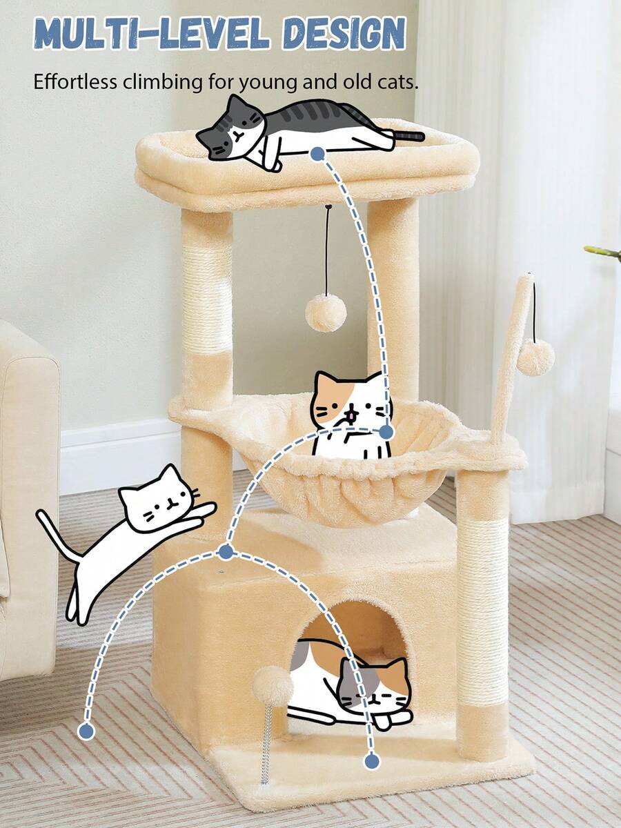 Green 33-inch cactus cat tree featuring a plush top perch, deep hammock, sisal scratching post, and large cat condo for indoor cats.