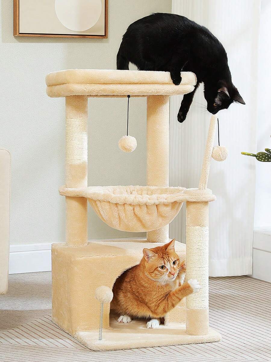 Green 33-inch cactus cat tree featuring a plush top perch, deep hammock, sisal scratching post, and large cat condo for indoor cats.