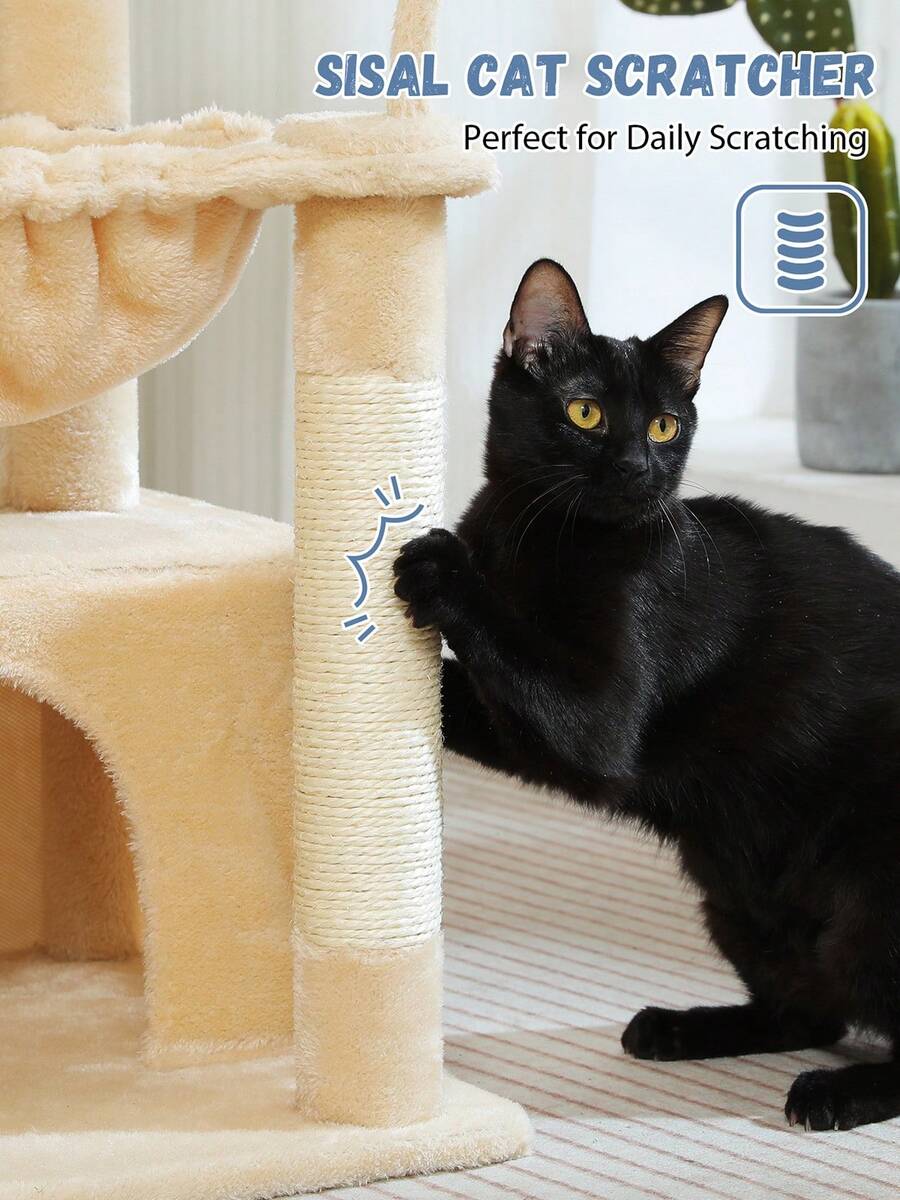 Green 33-inch cactus cat tree featuring a plush top perch, deep hammock, sisal scratching post, and large cat condo for indoor cats.