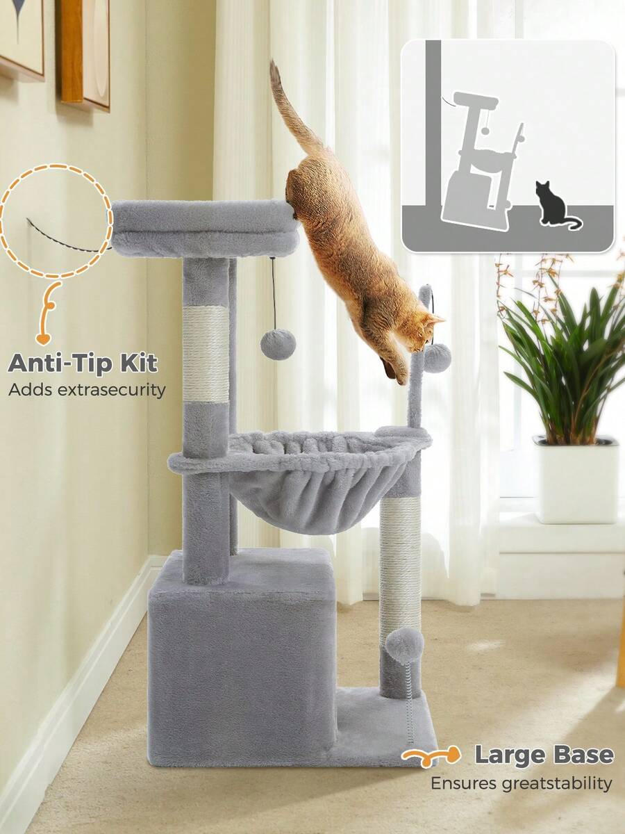 Green 33-inch cactus cat tree featuring a plush top perch, deep hammock, sisal scratching post, and large cat condo for indoor cats.