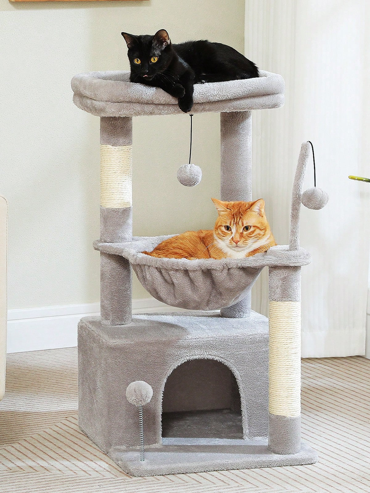 Green 33-inch cactus cat tree featuring a plush top perch, deep hammock, sisal scratching post, and large cat condo for indoor cats.
