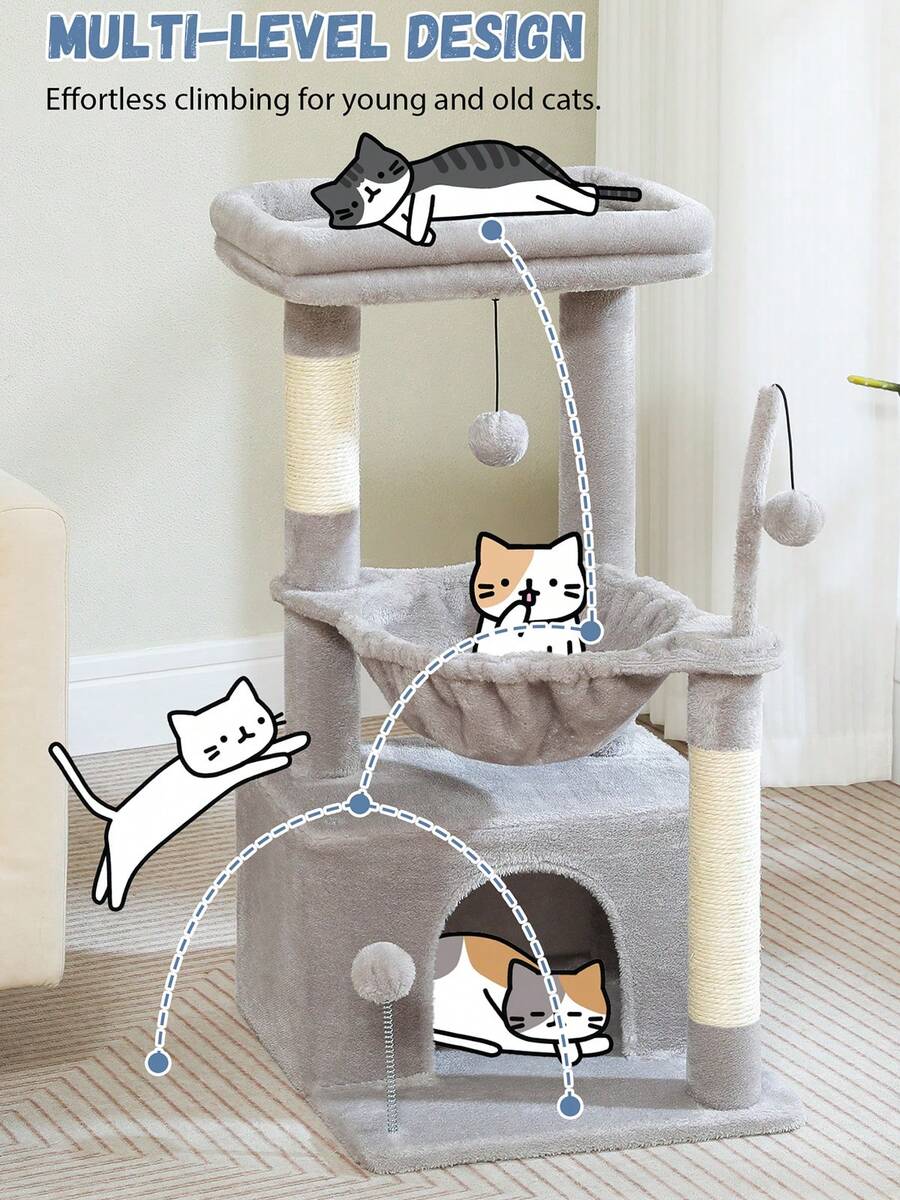 Green 33-inch cactus cat tree featuring a plush top perch, deep hammock, sisal scratching post, and large cat condo for indoor cats.