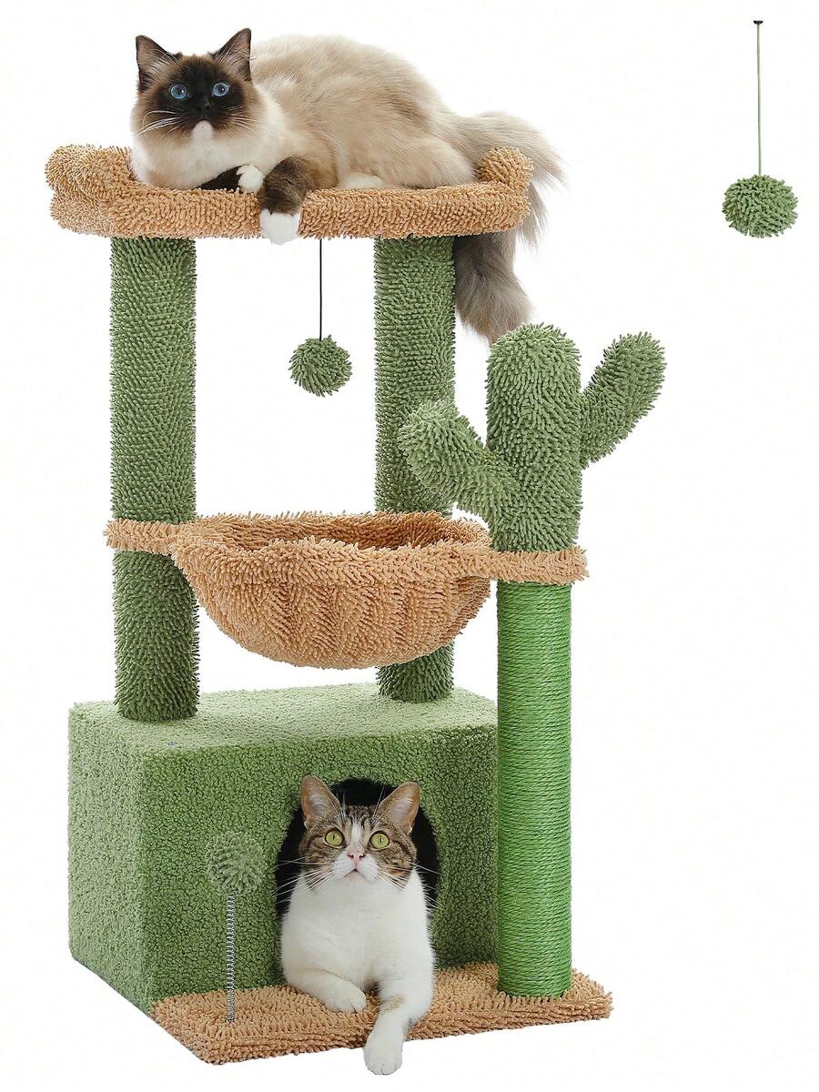 Green 33-inch cactus cat tree featuring a plush top perch, deep hammock, sisal scratching post, and large cat condo for indoor cats.