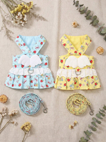 Multicolor fabric pet harness skirt set with matching leash for cats and dogs, designed as a sweet princess-style walking strap outfit for small pets.