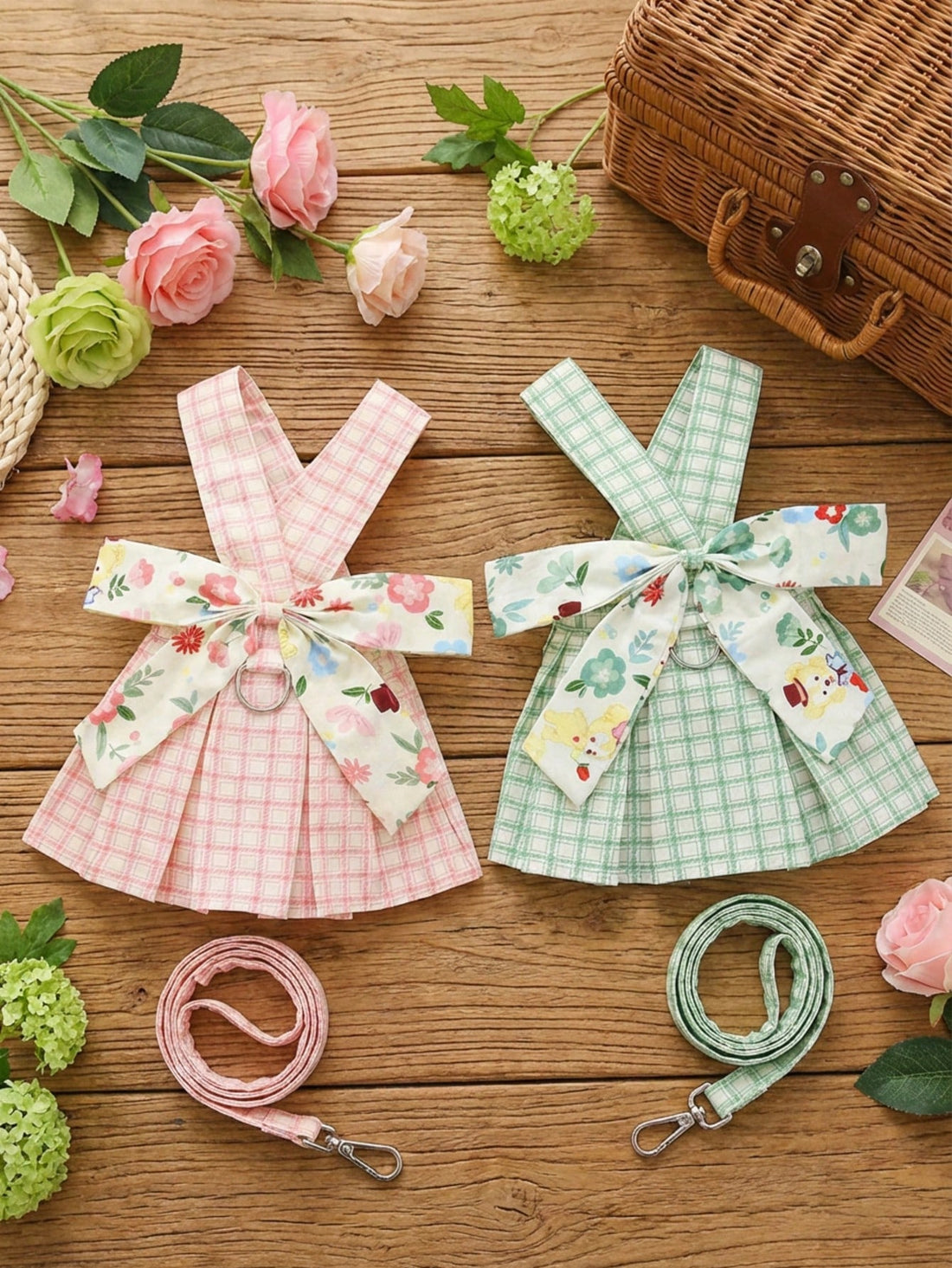 Pet harness skirt set with leash for cats and dogs, featuring a chest and back strap design with sweet princess skirt styling for walking.