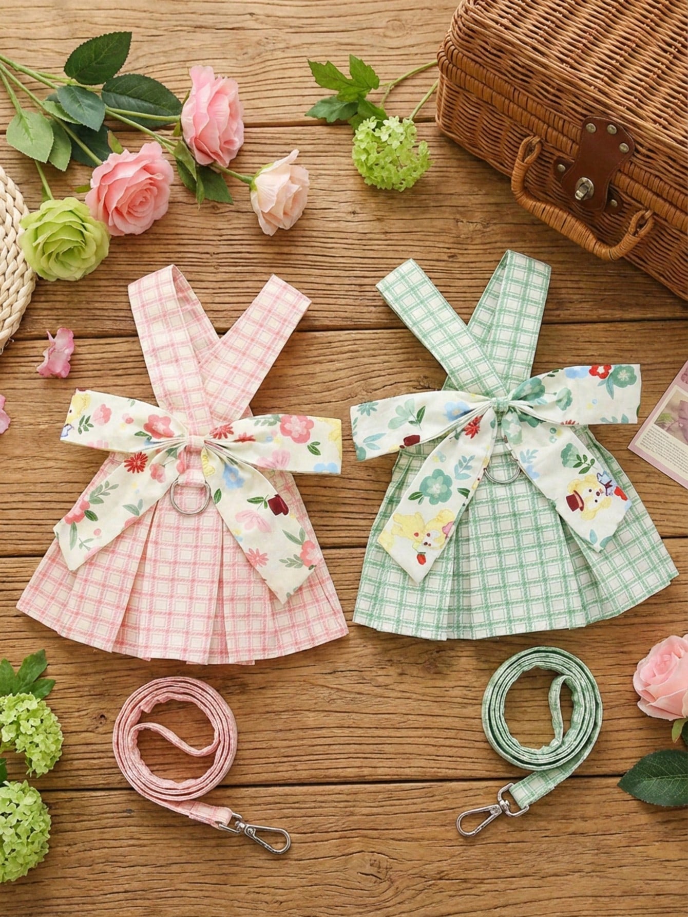 Pet harness skirt set with leash for cats and dogs, featuring a chest and back strap design with sweet princess skirt styling for walking.