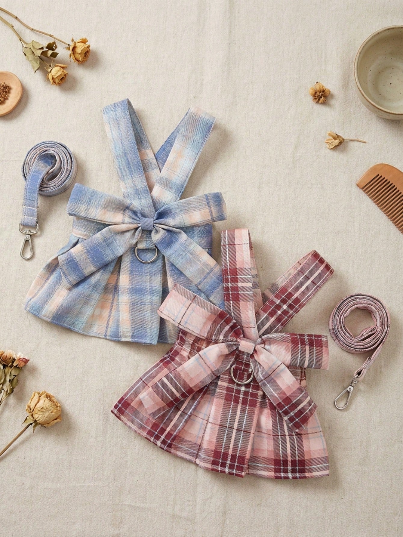 Multicolor plaid fabric pet harness skirt and leash set for cats and dogs, featuring a sweet skirt-style chest and back design for walking.