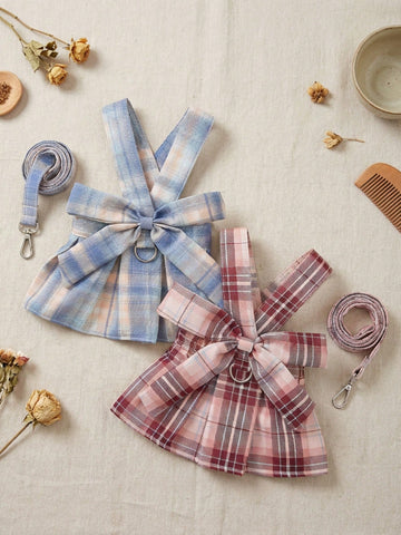 Multicolor plaid fabric pet harness skirt and leash set for cats and dogs, featuring a sweet skirt-style chest and back design for walking.