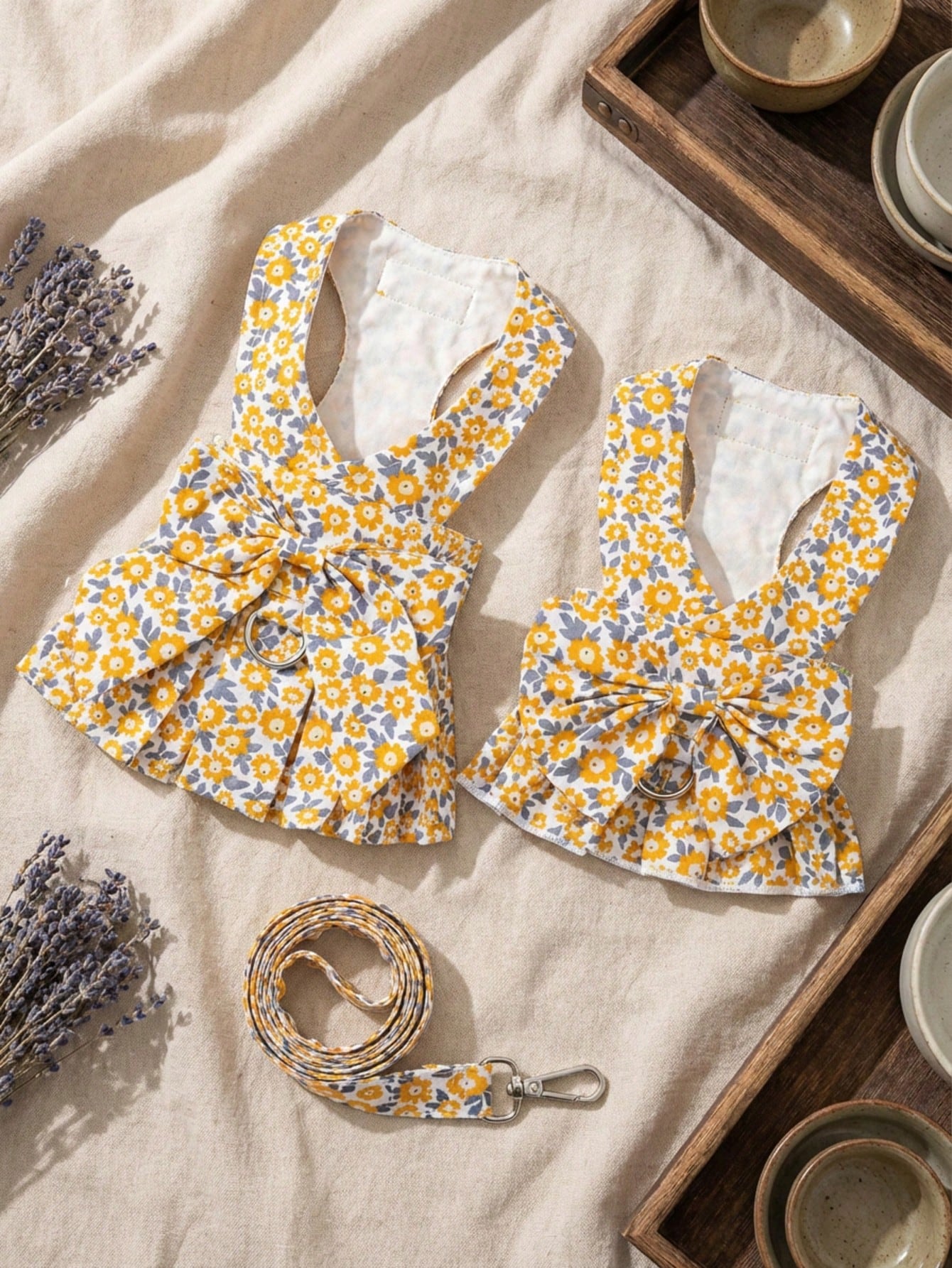 Multicolor fabric pet harness skirt and leash set with letter and plant patterns for cats and dogs