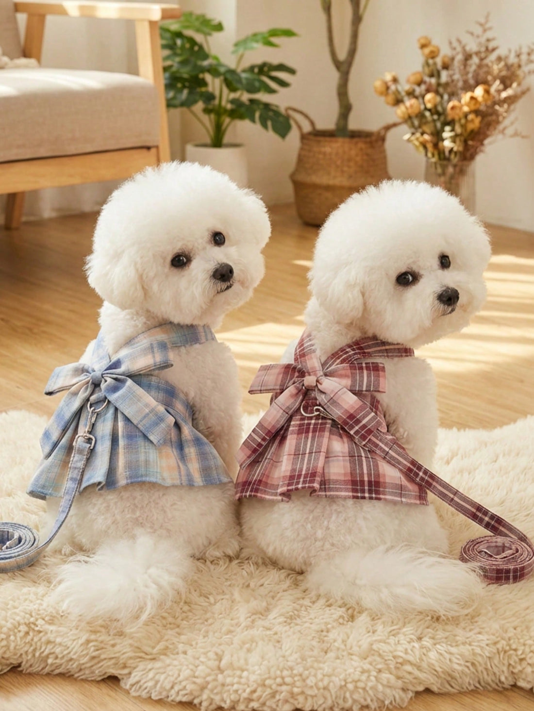Multicolor plaid fabric pet harness skirt and leash set for cats and dogs, featuring a sweet skirt-style chest and back design for walking.