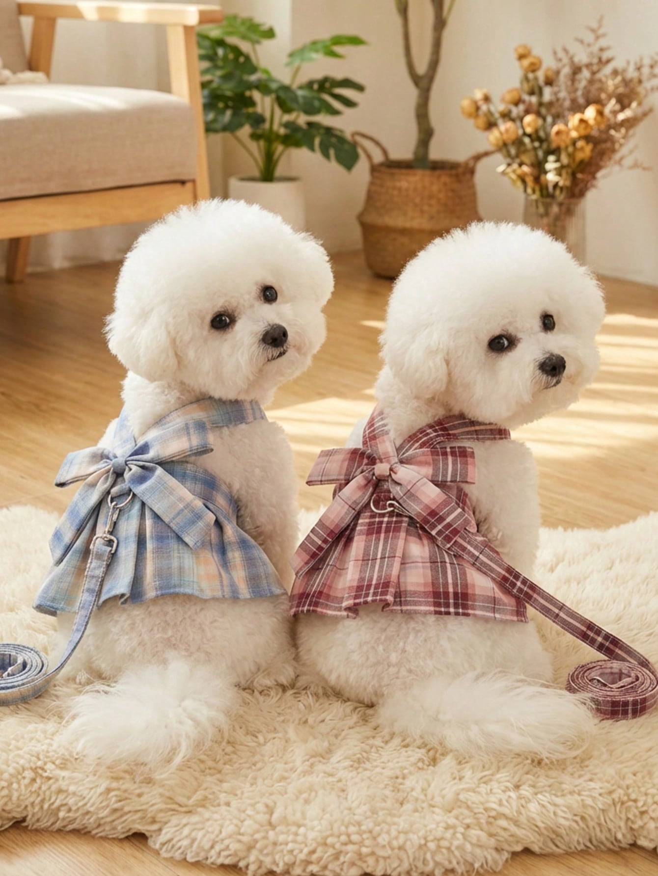 Multicolor plaid fabric pet harness skirt and leash set for cats and dogs, featuring a sweet skirt-style chest and back design for walking.
