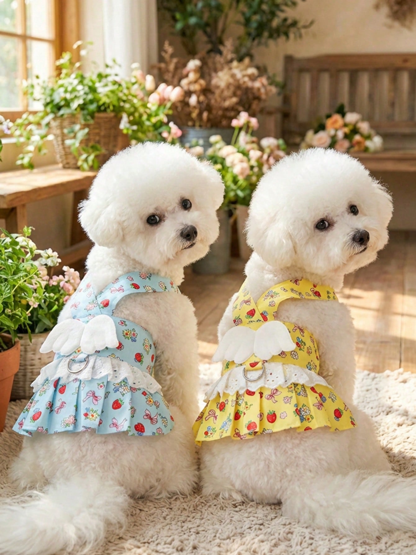 Multicolor fabric pet harness skirt set with matching leash for cats and dogs, designed as a sweet princess-style walking strap outfit for small pets.
