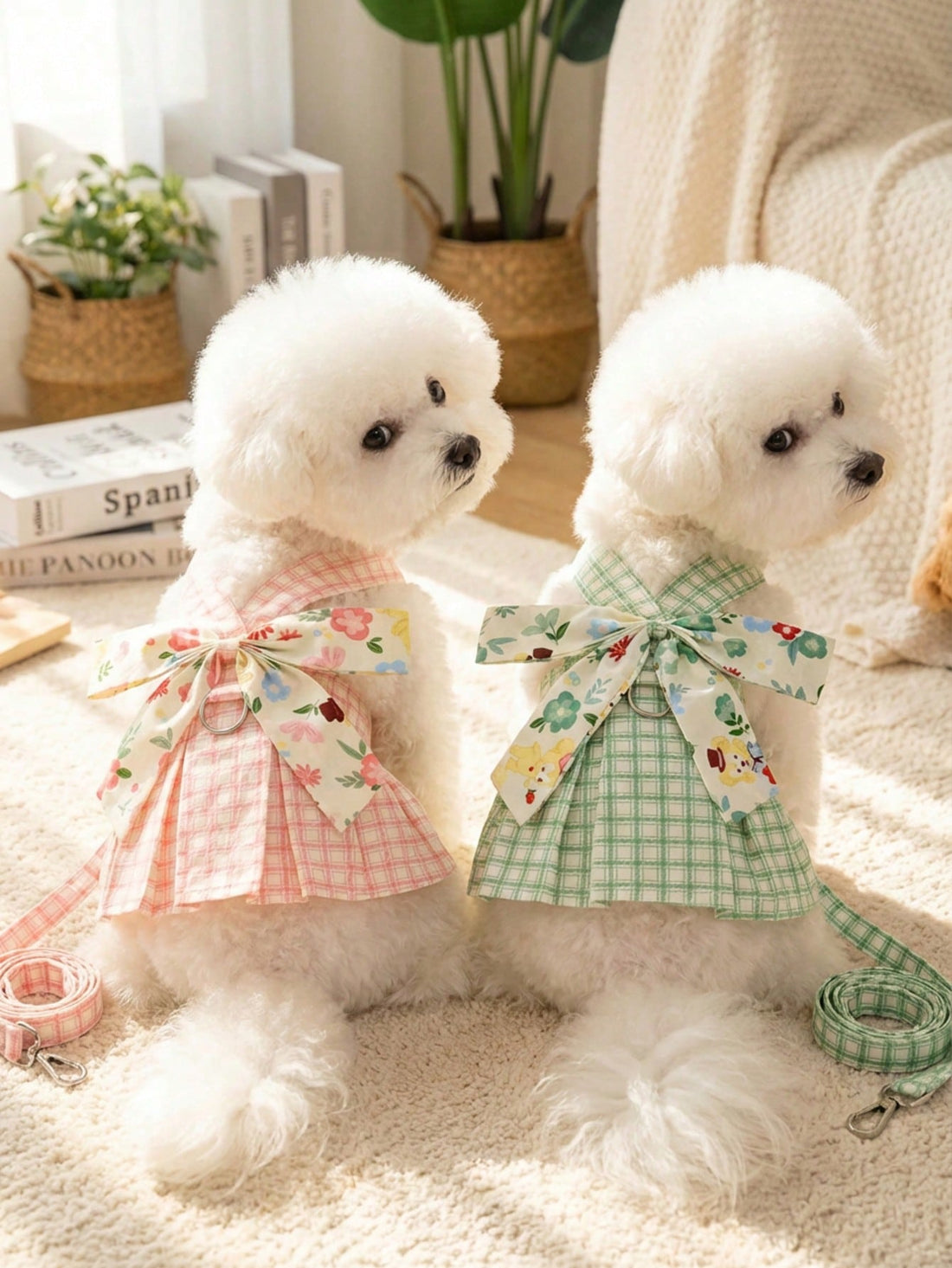 Pet harness skirt set with leash for cats and dogs, featuring a chest and back strap design with sweet princess skirt styling for walking.