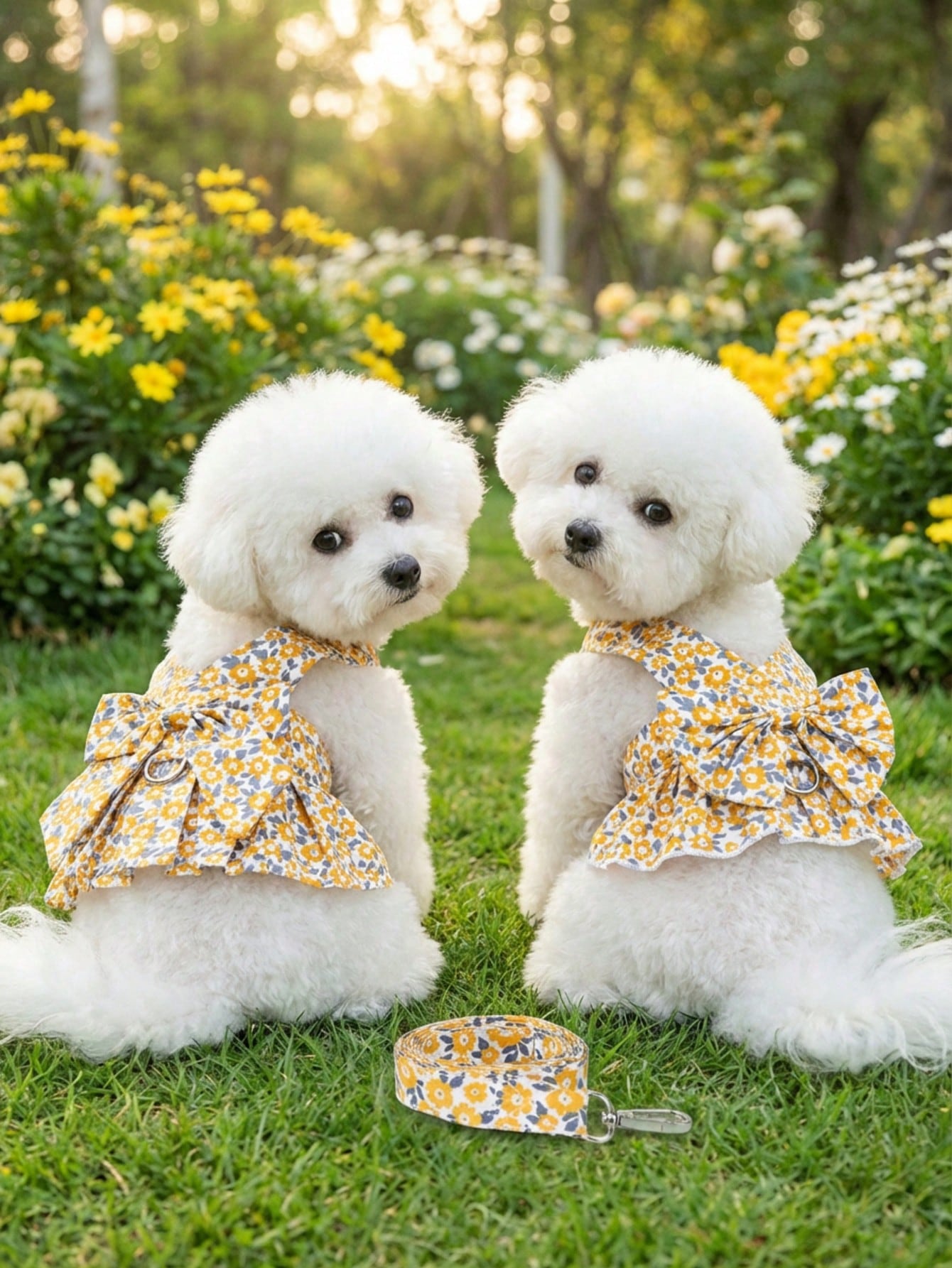 Multicolor fabric pet harness skirt and leash set with letter and plant patterns for cats and dogs