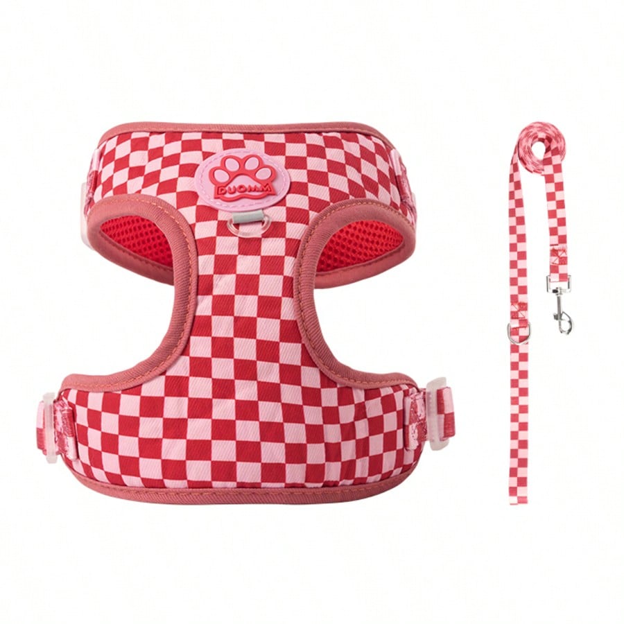 Red plaid polyester pet harness vest with matching leash and paw print decor for small to medium cats and dogs