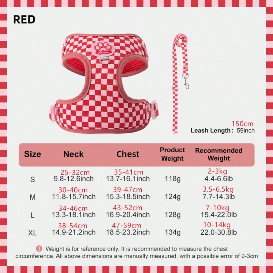Red plaid polyester pet harness vest with matching leash and paw print decor for small to medium cats and dogs
