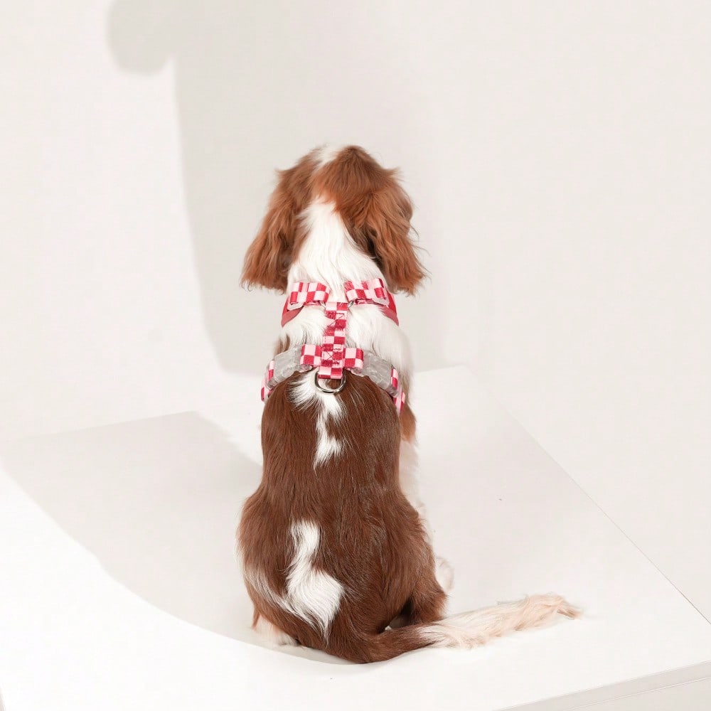 Red plaid polyester pet harness vest with matching leash and paw print decor for small to medium cats and dogs