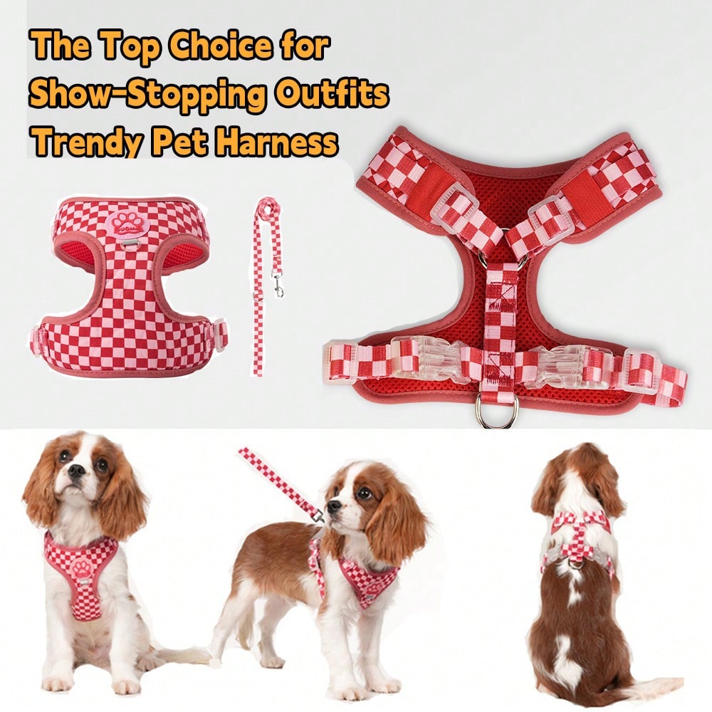 Red plaid polyester pet harness vest with matching leash and paw print decor for small to medium cats and dogs